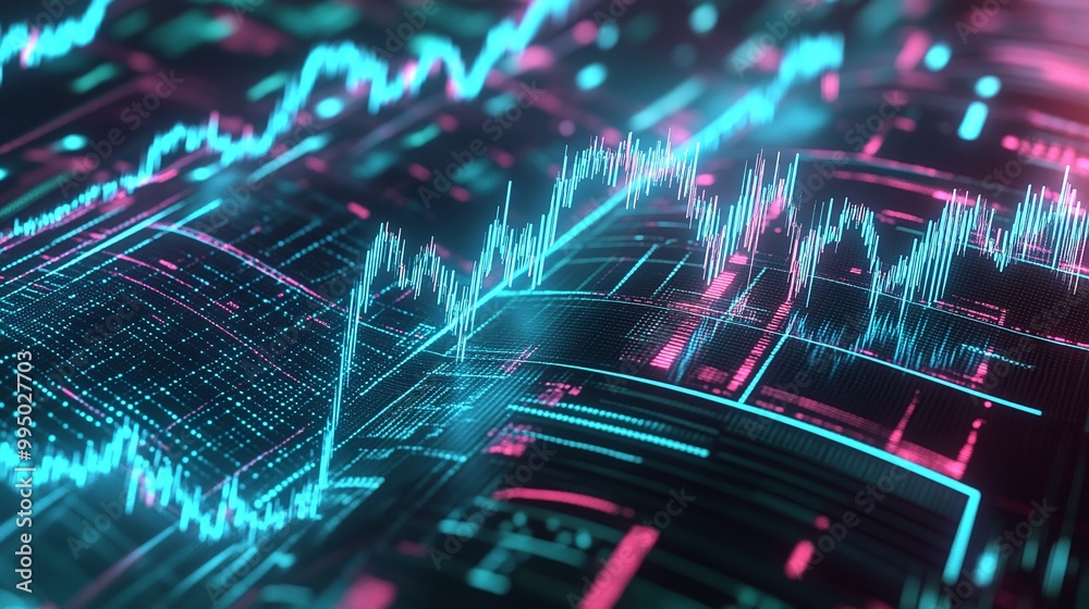 Poster colorful digital data visualization representing trends and analytics in a futuristic interface.
