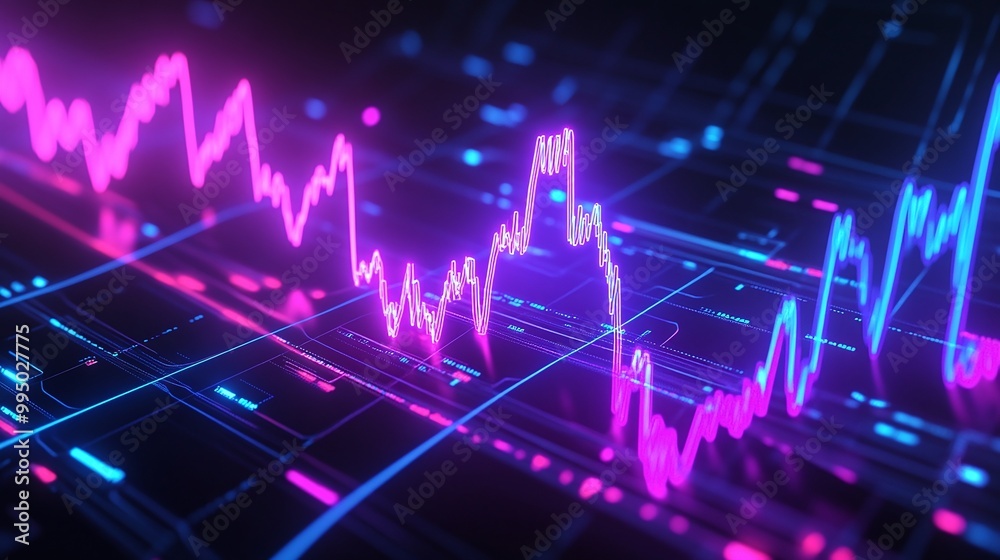 Poster colorful digital data visualization with fluctuating graph lines and charts on a dark background.