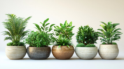 Fototapeta premium Six potted plants, each with a unique foliage type, arranged in a row on a white background.