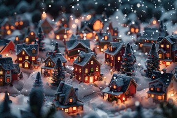 A small town with houses lit up for Christmas