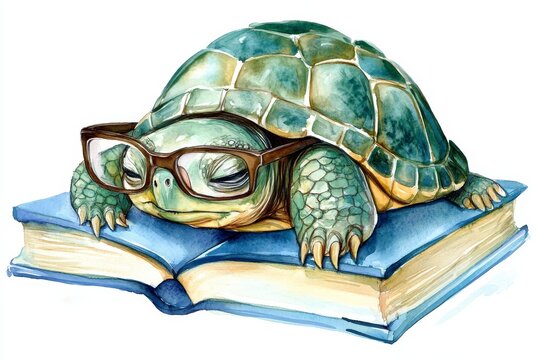 A watercolor illustration of a tortoise wearing glasses sleeping on top of a book, symbolizing wisdom, knowledge, slow and steady, patience, and perseverance.