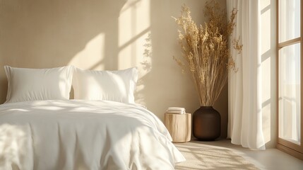 Cozy bedroom with natural light, neutral tones, and decorative plants.