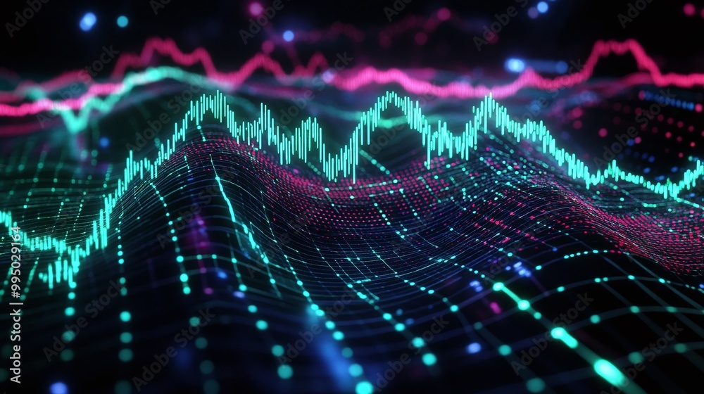 Poster colorful digital waveforms create a mesmerizing abstract pattern showcasing data visualization and t