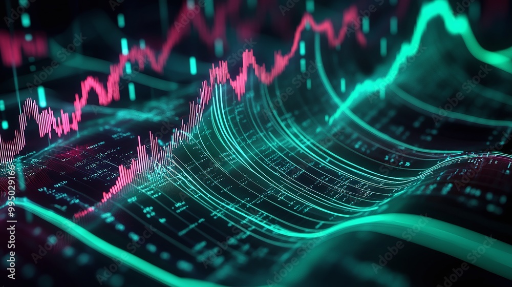 Poster colorful digital waveforms representing data visualizations and analytics, on a dark background.