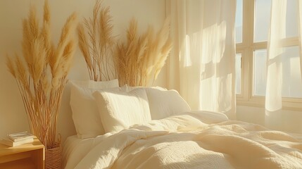 Cozy bedroom with soft bedding and decorative plants in warm sunlight