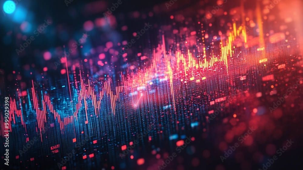 Poster colorful sound wave visualizations representing audio frequencies and digital data in a modern abstr