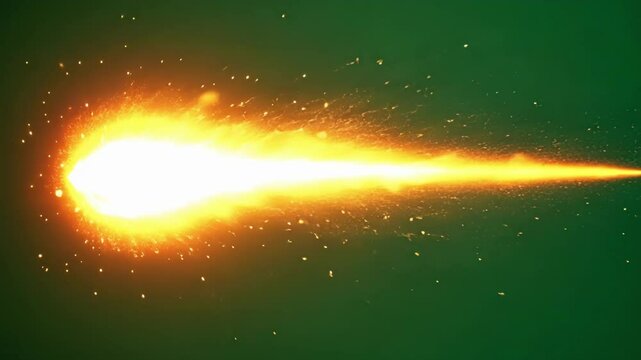 Fiery fireball streaks through the air against a green screen, leaving a trail of flames and sparks. Perfect for special effects projects