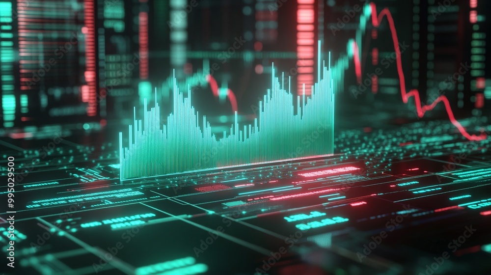 Poster data visualization with green and red graphs on a futuristic digital interface.