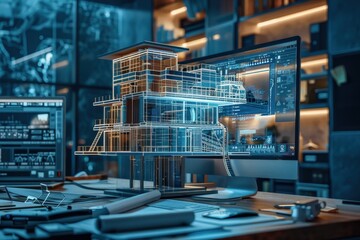 A computer monitor displays a 3D model of a building