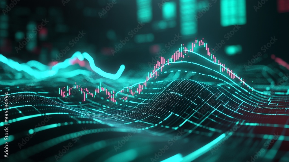 Poster digital data visualization with glowing wave patterns and vibrant colors showcasing information anal