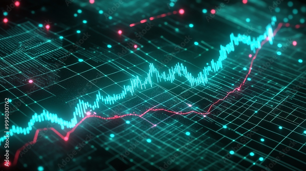 Poster digital data visualization with vibrant graphs representing statistical trends and market changes.