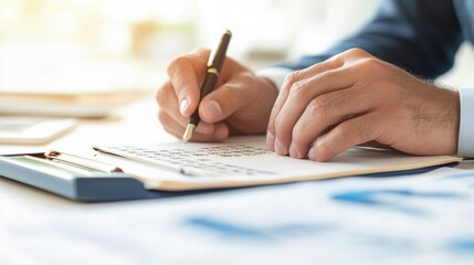 A close-up of hands writing notes on paper, showcasing focus and professionalism in a well-lit office environment.