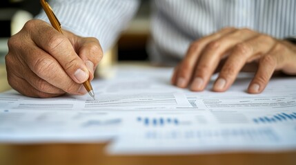 A person is analyzing documents and taking notes with a pen, surrounded by various printed papers displaying charts and graphs.