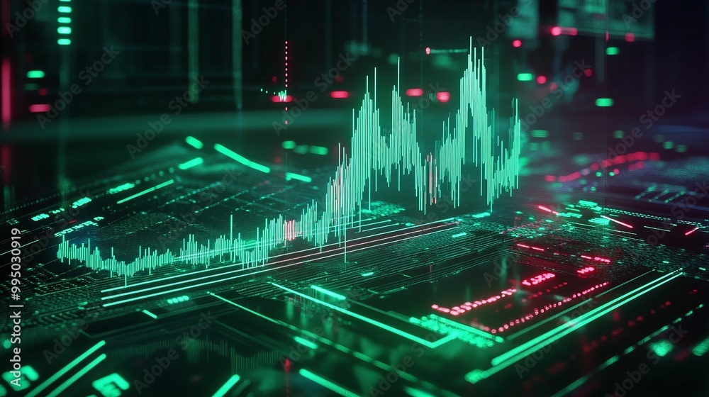 Poster digital data visualization with vibrant green and red graphs on a futuristic interface.