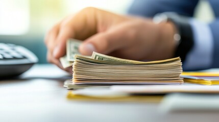 A person handling cash with a stack of bills on a desk, indicating financial transactions or money management.