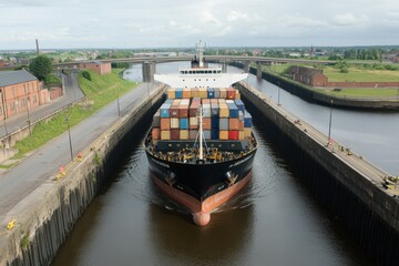 Fototapeta premium massive cargo ship slowly moving through a narrow canal, with containers stacked high on the deck