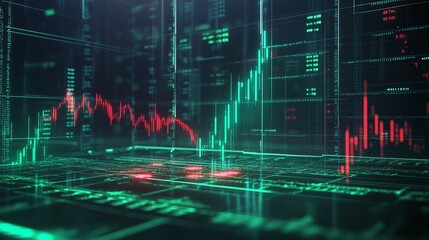 Digital financial chart with green and red indicators on a dark background, representing stock market trends and data analysis.