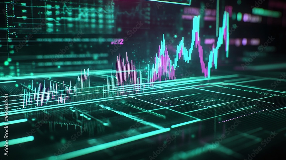 Poster digital financial data representation with colorful graphs and charts on a dark background.