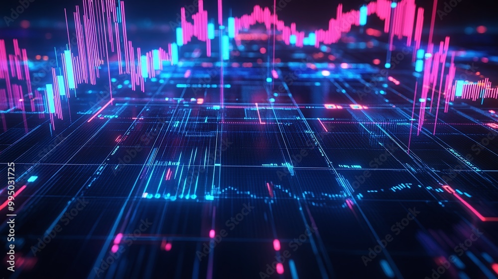 Poster digital financial data visualization with colorful graphs and charts on a dark background.