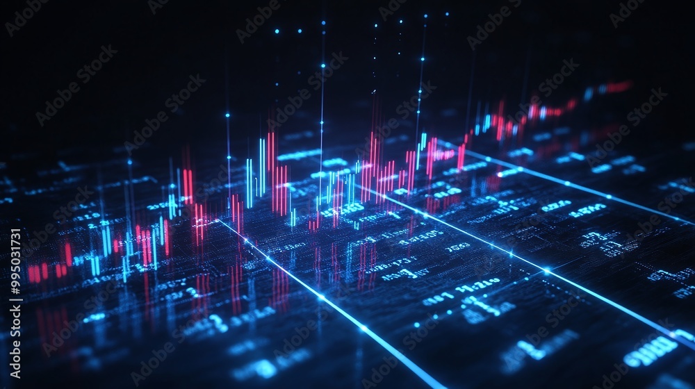 Poster digital financial data visualization with colorful graphs and charts on a dark background.