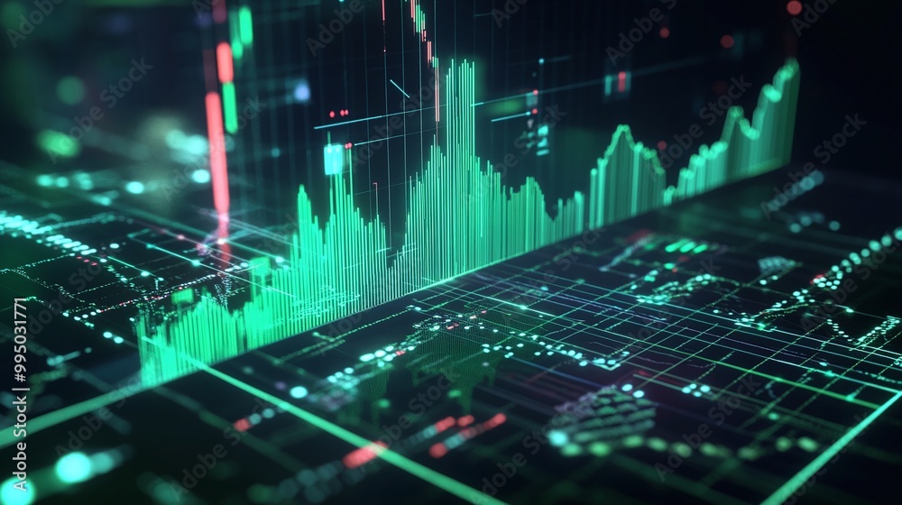 Poster digital financial data visualization with graphs and metrics on a dark background.