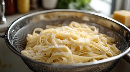Cooked fettuccine pasta topped with grated cheese in a colander.