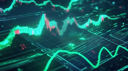 Digital financial graph with vibrant colors displaying stock market trends and fluctuations.