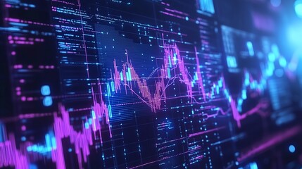 Digital stock market chart with vibrant colors and intricate lines depicting trends and fluctuations.