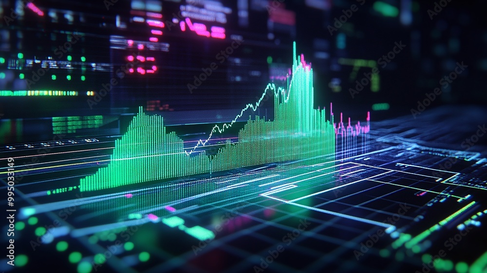 Poster digital stock market data visualization with colorful graphs and charts on a dark background.