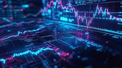 Digital stock market graph with blue and pink lines showcasing trends and data analysis on a dark background.