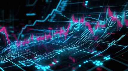 Obraz premium Digital stock market graph with vibrant lines and glowing indicators on dark background.