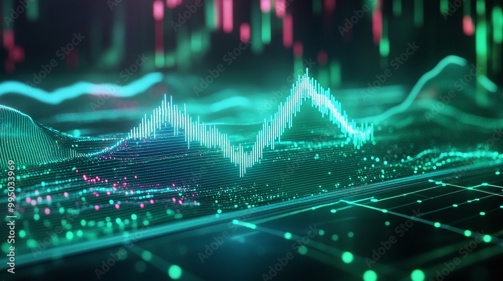 Poster digital visualization of data trends with vibrant colors and dynamic wave patterns.