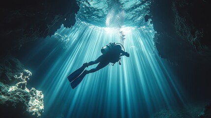 Diver exploring underwater cave with sun rays filtering through water surface.