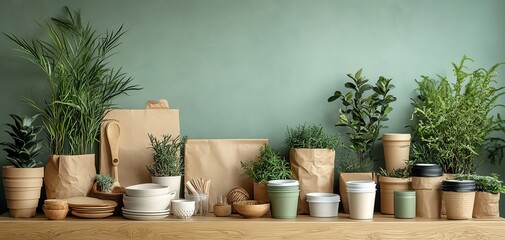Display of various plants and pots against a calming green wall.