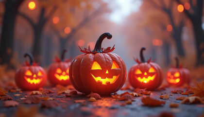 Lit Jack-o'-Lanterns on a Path with Autumn Leaves