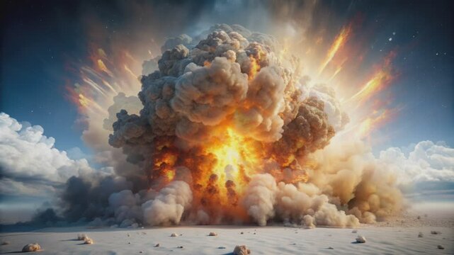 A powerful explosion erupts with smoke and fire, creating a massive mushroom cloud against a cloudy sky.