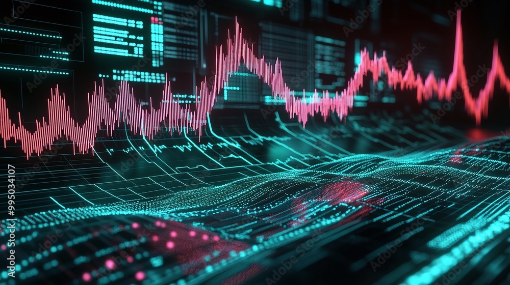 Poster dynamic abstract representation of data visualization with vibrant wave patterns and fluctuating gra