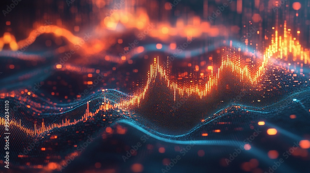 Poster dynamic abstract visualization of data waves with vibrant colors and glowing elements, representing 