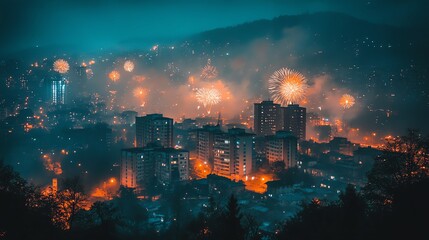 Fototapeta premium Dramatic cityscape at night with fireworks and illuminated buildings.