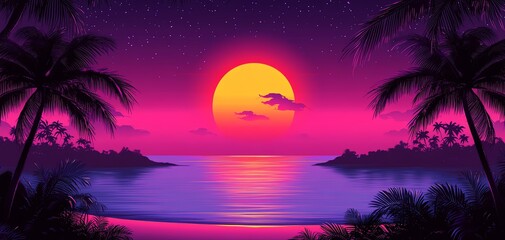 Obraz premium Dreamy tropical sunset over a calm sea with vibrant colors and palm silhouettes.