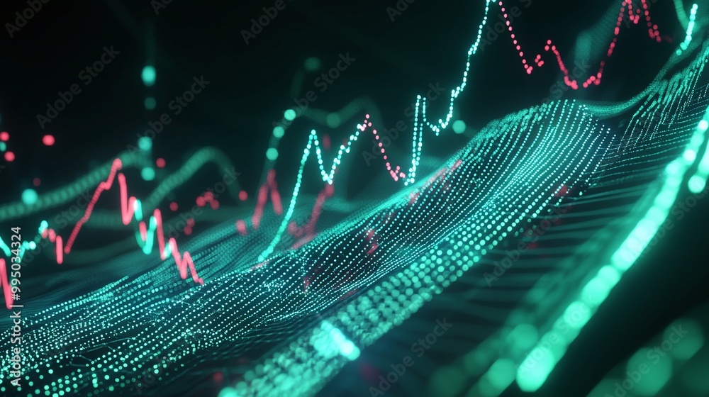 Poster dynamic abstract visualization of financial data with glowing lines and graphs on a dark background.
