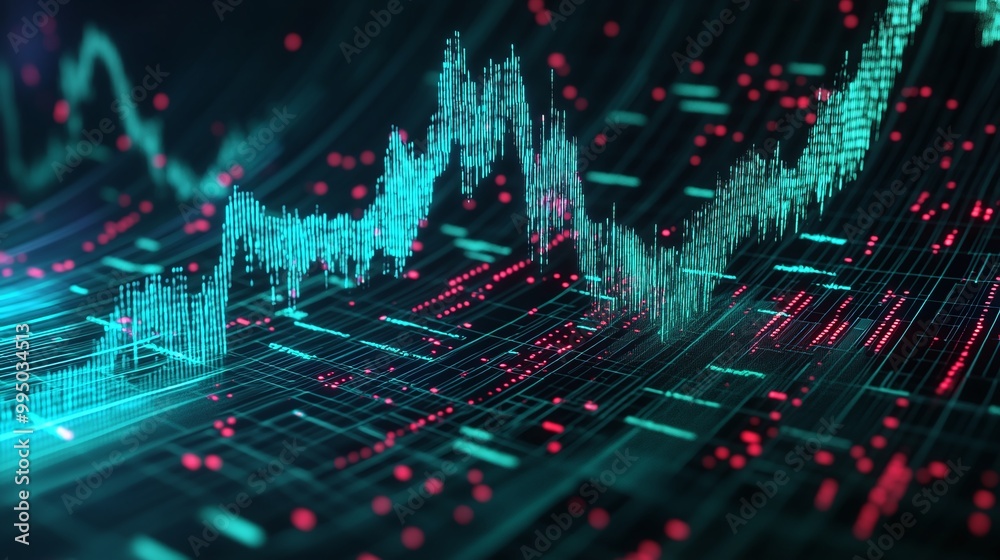 Poster dynamic data visualization depicting fluctuating trends with vibrant colors and intricate digital pa