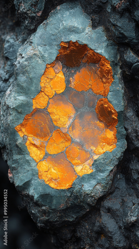 Sticker Close-up of a golden mineral embedded in a dark rock.