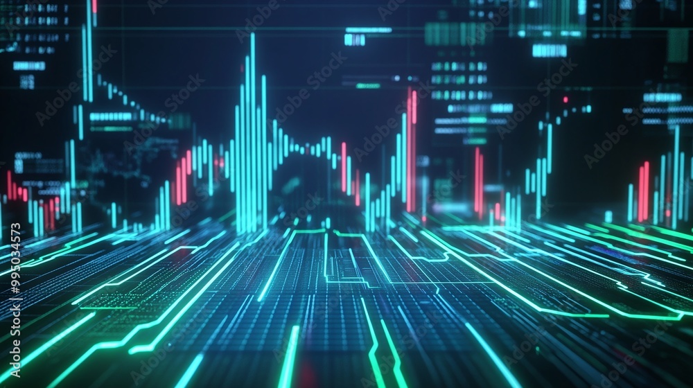 Poster dynamic data visualization featuring neon graphs and digital metrics against a dark background.