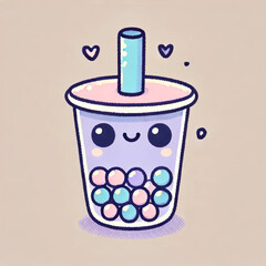 Bubble Tea Cup with Pastel Tapioca Pearls and a Large Straw in a Simple Doodle Cartoon Style
