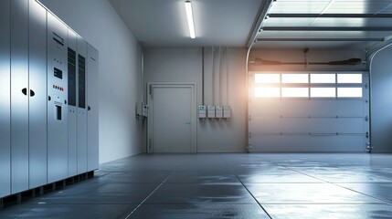 Modern Home Garage Wall Featuring Home Battery Packs: Alternative Energy Storage System Concept