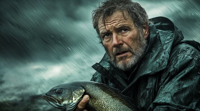Elderly fisherman with a large catch, under rainy weather, intense emotion in face.