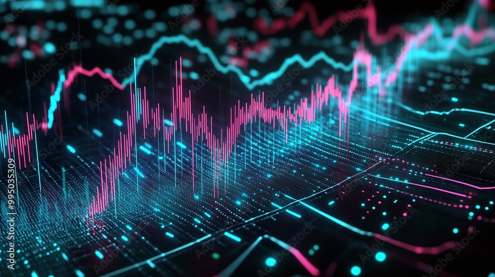Poster dynamic digital data visualization with colorful graphs and lines representing statistical trends an