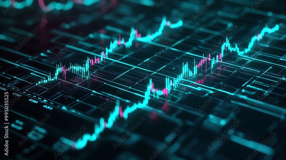 Poster dynamic digital financial data visualization with vibrant graphs and indicators on a dark background