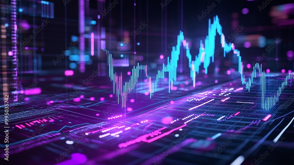 Poster dynamic digital graph displaying trends in vibrant colors against a tech-inspired background.